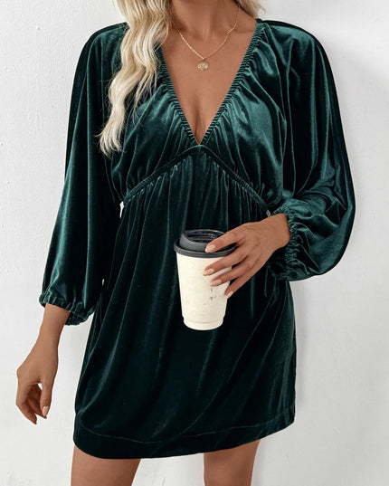 Ruched V-Neck Balloon Sleeve Dress