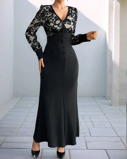 Lace V-Neck Long Sleeve Maxi Dress