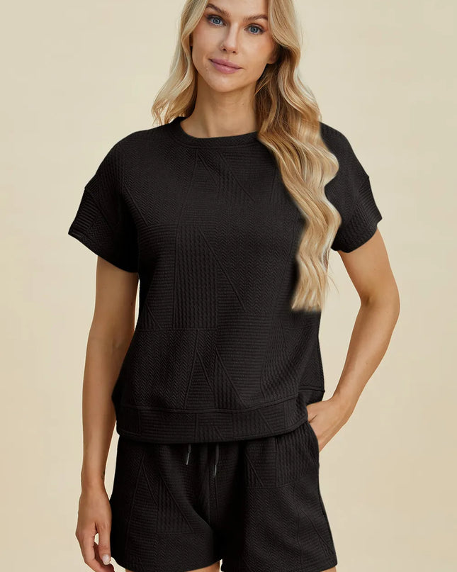 Double Take Full Size Texture Short Sleeve Top and Shorts Set