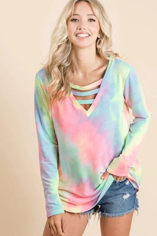 BiBi Tie Dye French Terry V-Neck Top with Strapped