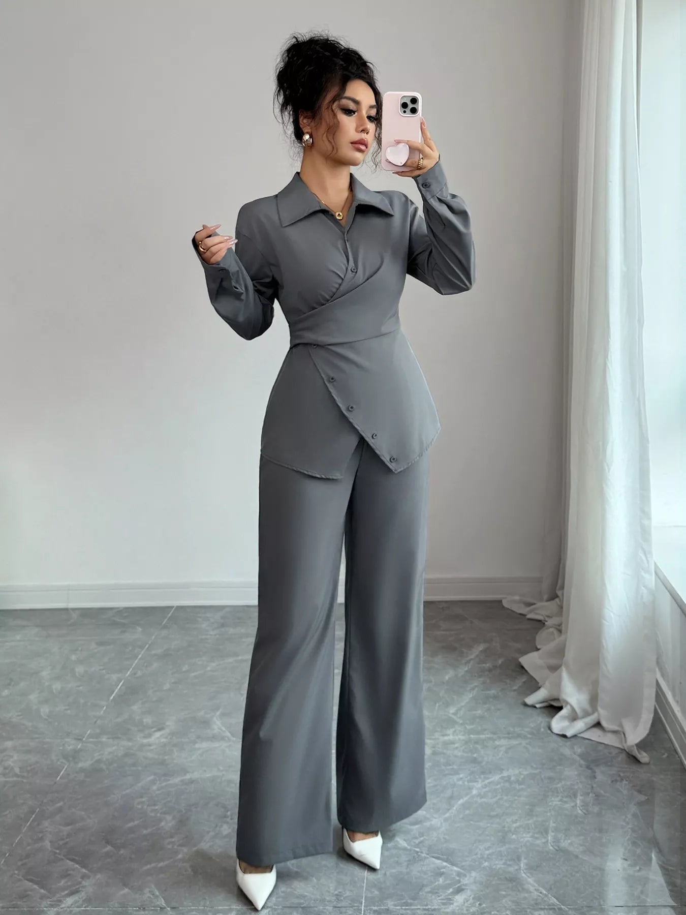 Back Tie Wrap Blazer and Wide Leg Pants Set