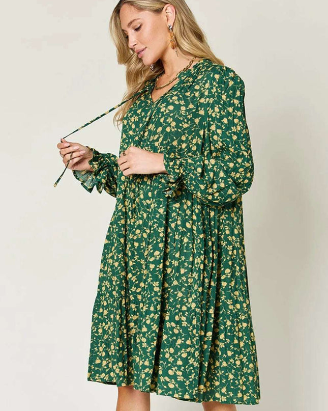 Double Take Full Size Printed Ruffle Hem Long Sleeve Tiered Dress