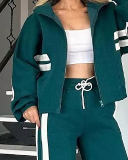 Full Size Contrast Stripe Zip Up Jacket and Pants Set Plus Size