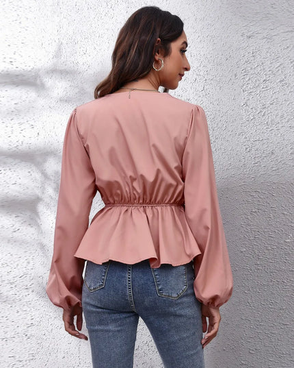 V-Neck Balloon Sleeve Peplum Blouse