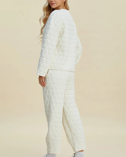 Double Take Full Size Texture Round Neck Long Sleeve Top and Pants Set