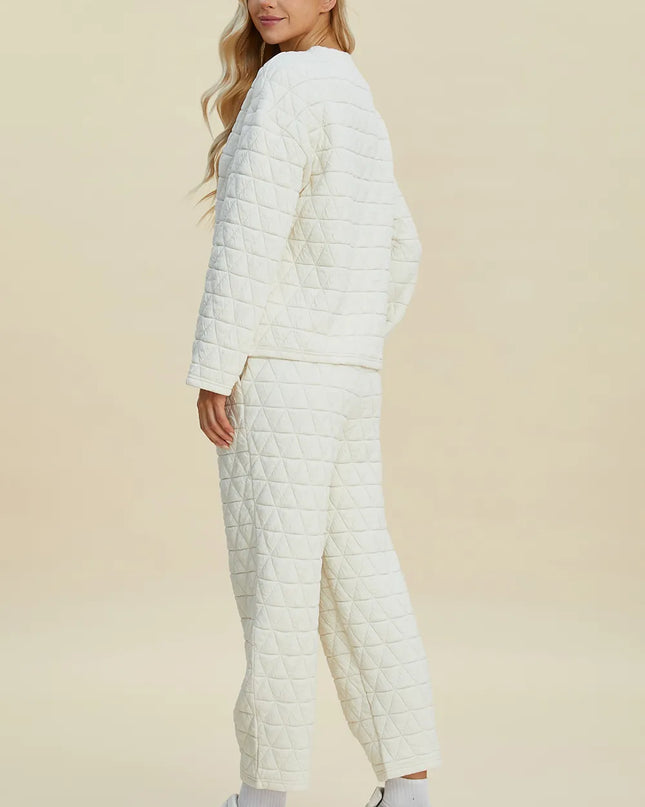 Double Take Full Size Texture Round Neck Long Sleeve Top and Pants Set