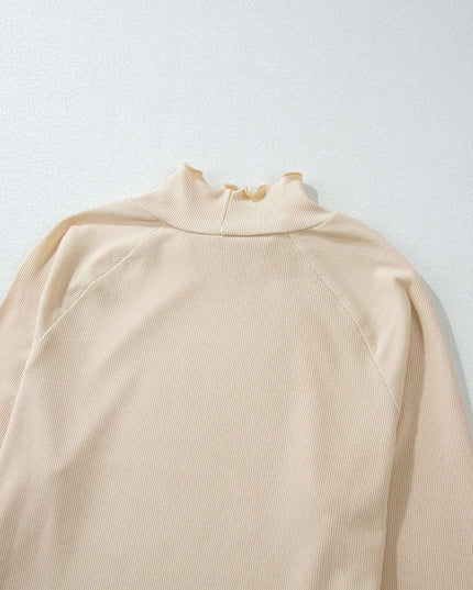 Ribbed Knit Lettuce Trim Mock Neck Long Sleeve Top