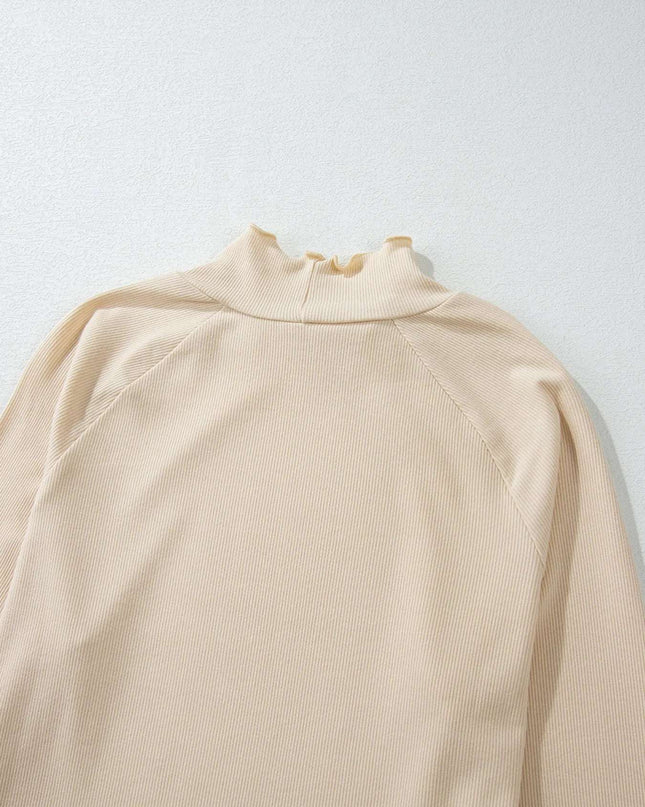Ribbed Knit Lettuce Trim Mock Neck Long Sleeve Top