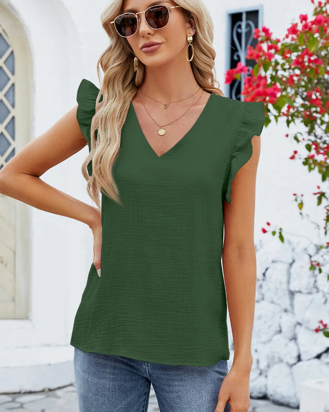 Ruffled V-Neck Cap Sleeve Blouse 