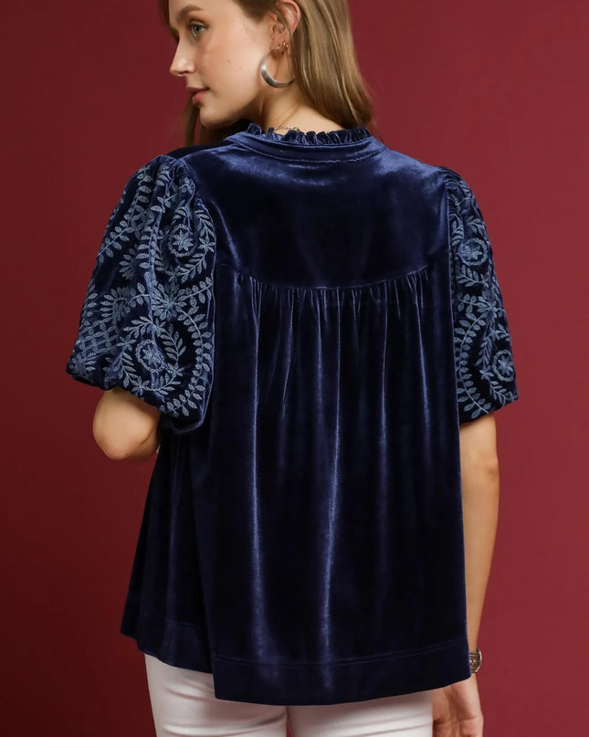 Umgee Full Size Velvet Embroidered Sleeve Blouse Plus Size
