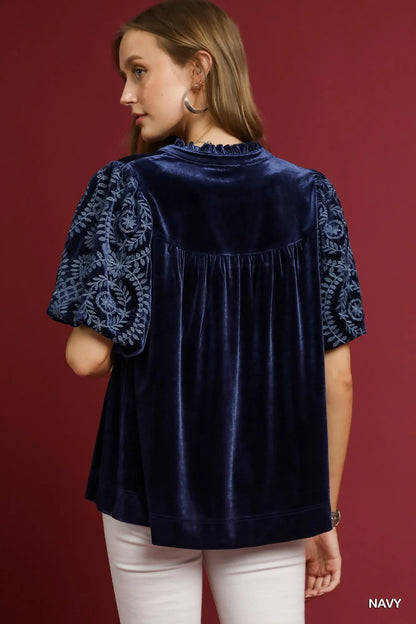 Umgee Full Size Velvet Embroidered Sleeve Blouse Plus Size