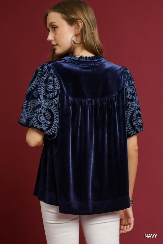 Umgee Full Size Velvet Embroidered Sleeve Blouse Plus Size