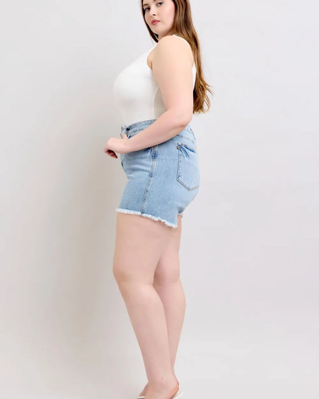 Judy Blue Full Size Tummy Control Raw Hem Denim Shorts Plus Size