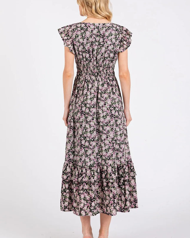 Mittoshop Flower Print Ruffle Cap Sleeve V-neck Midi Dress