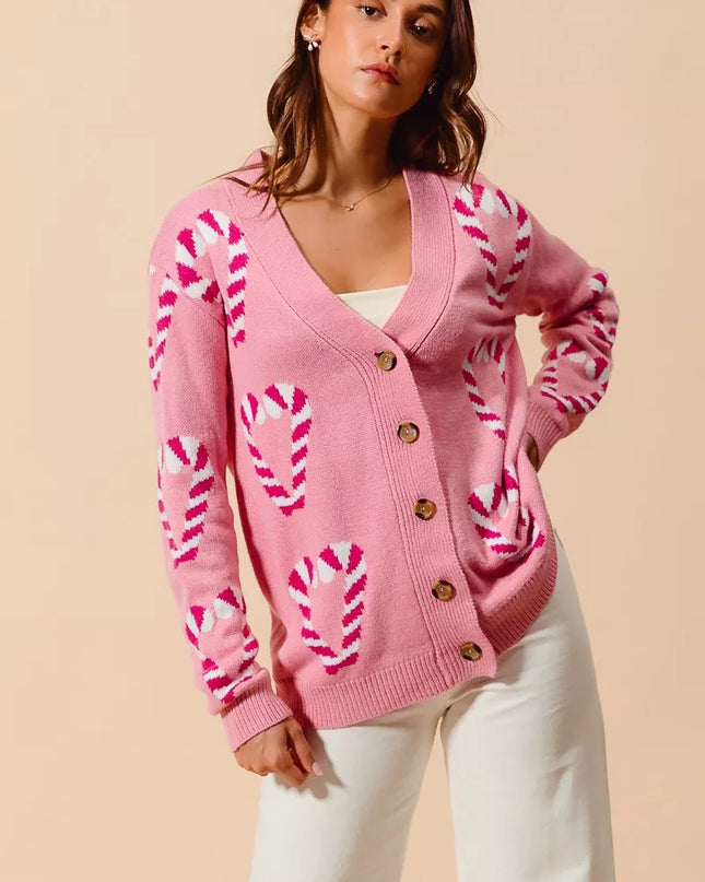SO ME Christmas Candy Cane Button Front Sweater Cardigan