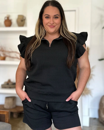 Double Take Full Size Texture Flounce Sleeve Top and Shorts Set