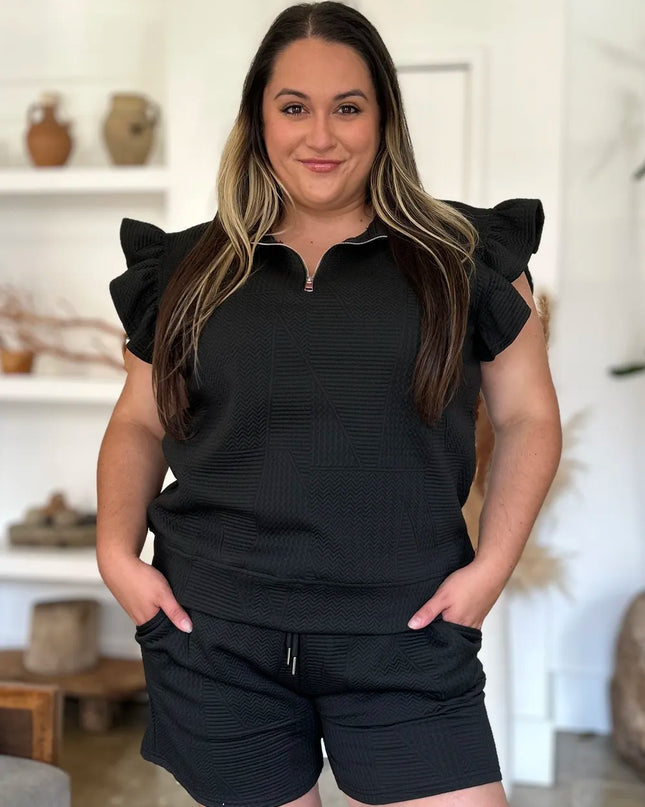 Double Take Full Size Texture Flounce Sleeve Top and Shorts Set