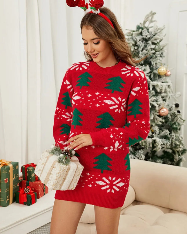 Christmas Tree Round Neck Sweater Dress
