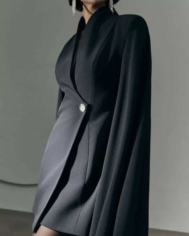 One Button Fitted Mini Blazer Dress with Cape Sleeves