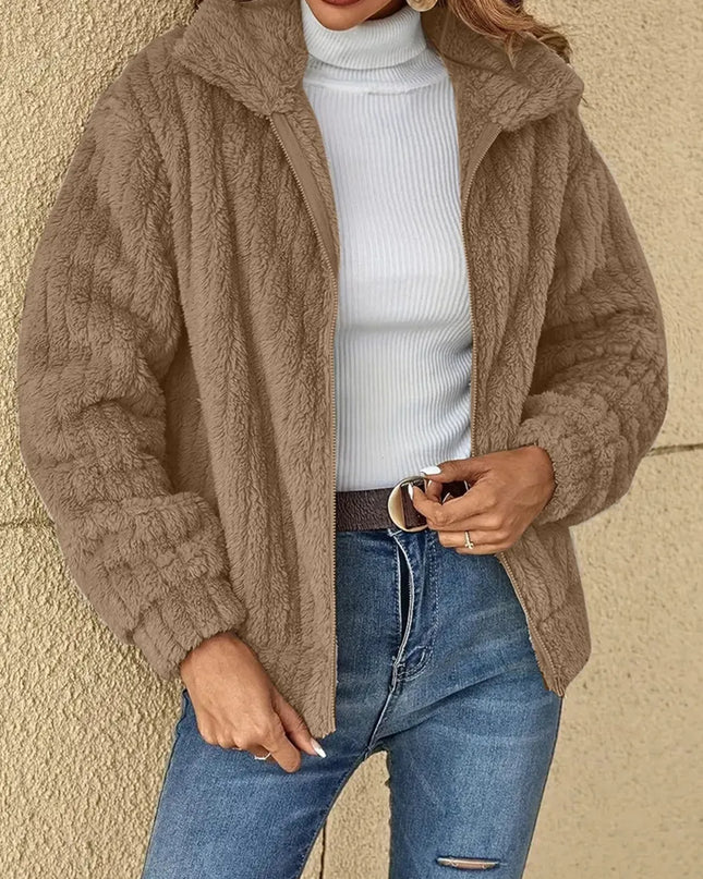 Plush Zip Up Long Sleeve Jacket Mocha