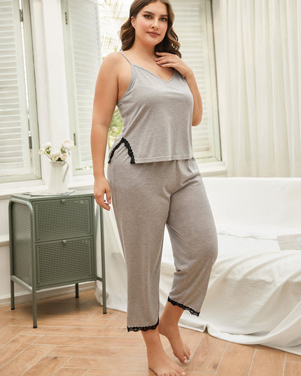 Plus Size Lace Trim Slit Cami and Pants Pajama Set