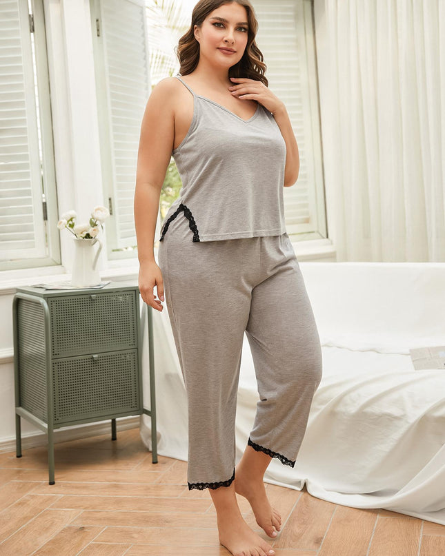 Plus Size Lace Trim Slit Cami and Pants Pajama Set