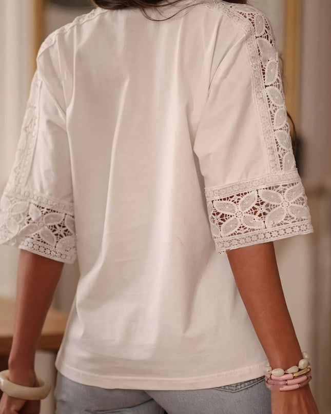 Lace Trim Round Neck Casual Blouse