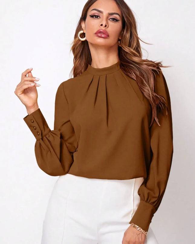 Ruched Mock Neck Long Sleeve Blouse 