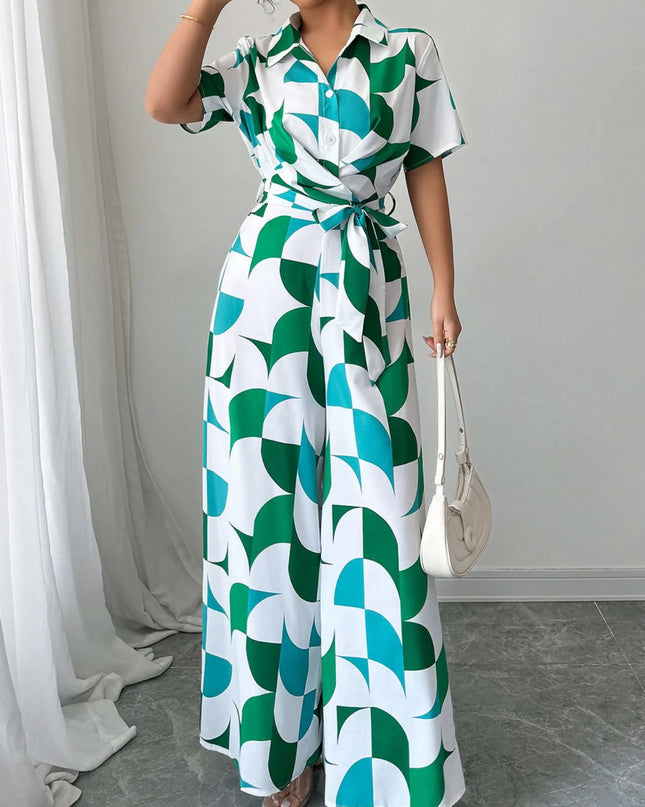 Printed Wide Leg Belted Jumpsuit