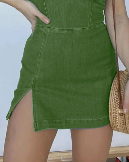 Full Size Slit Square Neck Denim Dress Plus Size