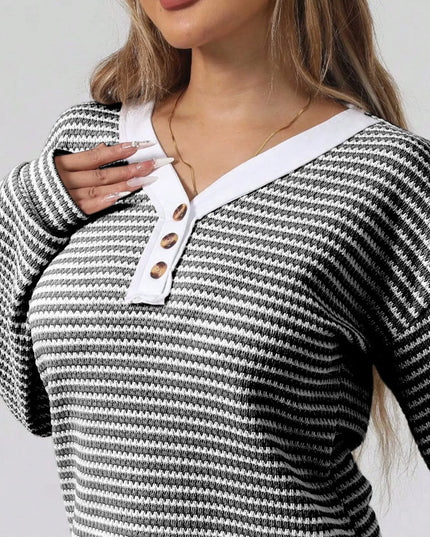 Striped Button Detail Long Sleeve Top