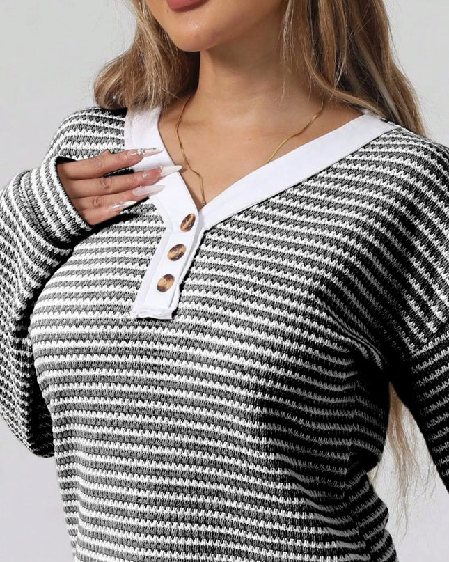 Striped Button Detail Long Sleeve Top