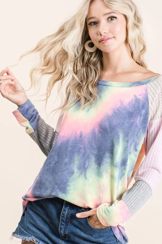 BiBi Tie Dye Terry Top With Color Block Pointelle Knit
