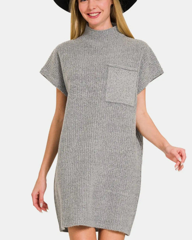 Zenana Short Sleeve Sweater Mini Dress Grey
