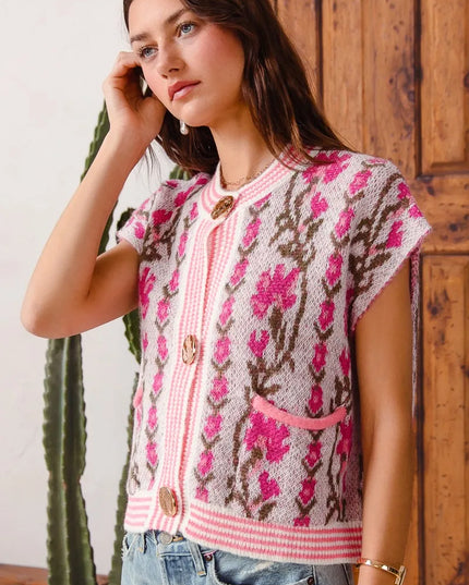 SO ME Button Front Floral and Stripe Knitted Sweater Vest