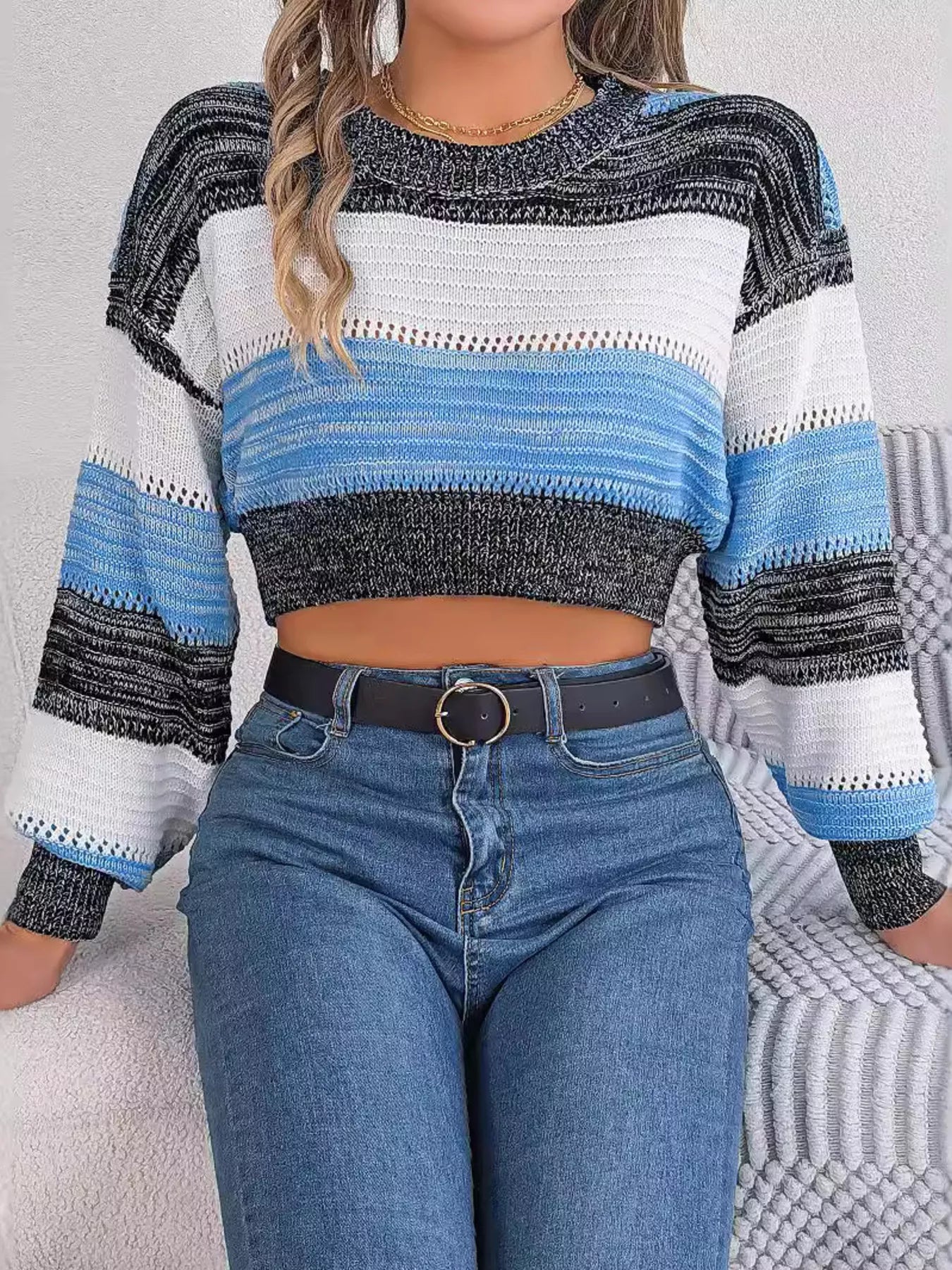 Cropped Striped Color Block Drop Shoulder Sweater Sky Blue
