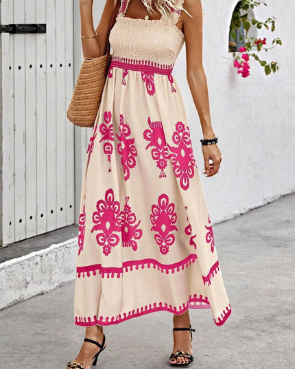 Smocked Printed Wide Strap Maxi Dress 