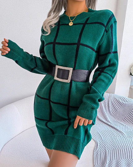 Plaid Round Neck Dropped Shoulder Sweater Dress