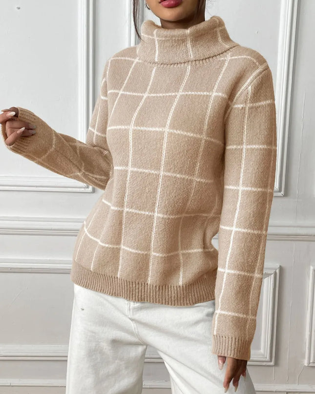 Plaid Turtleneck Long Sleeve Sweater