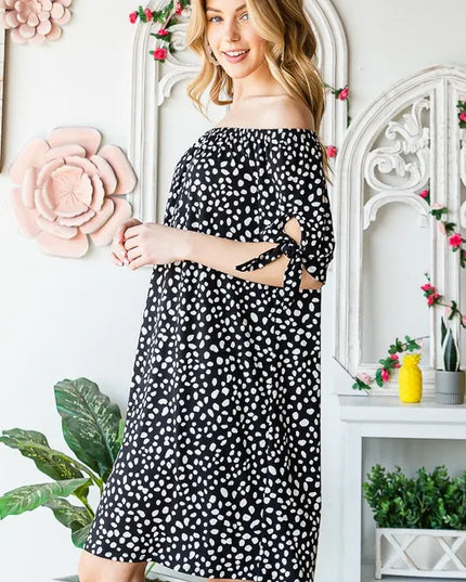 Heimish Full Size Short Sleeve Off Shoulder Animal Mini Dress Plus Size