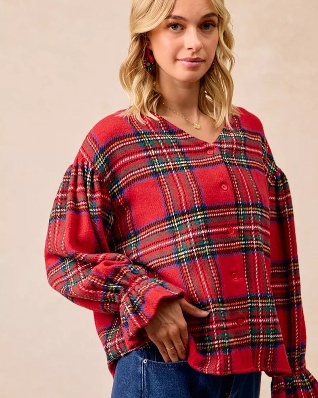 BiBi Christmas Plaid V-Neck Flounce Sleeve Jacket