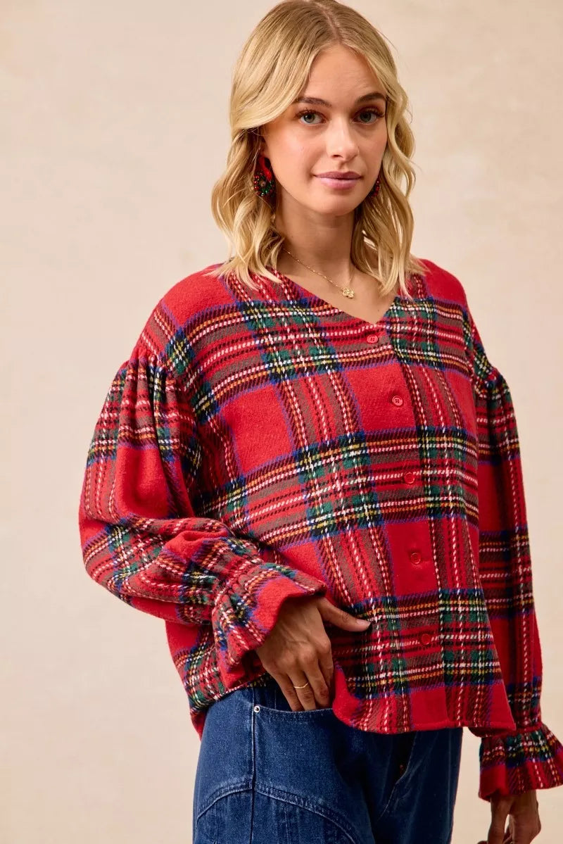 BiBi Christmas Plaid V-Neck Flounce Sleeve Jacket