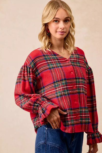 BiBi Christmas Plaid V-Neck Flounce Sleeve Jacket