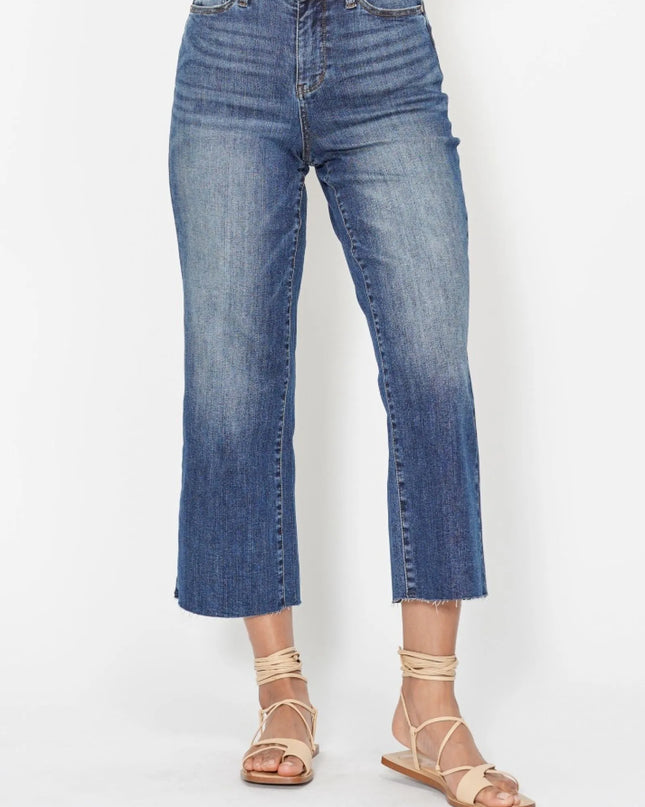 Judy Blue High Waist Back Pocket Embroidery Crop Wide Jeans Dark
