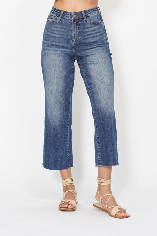 Judy Blue High Waist Back Pocket Embroidery Crop Wide Jeans Dark