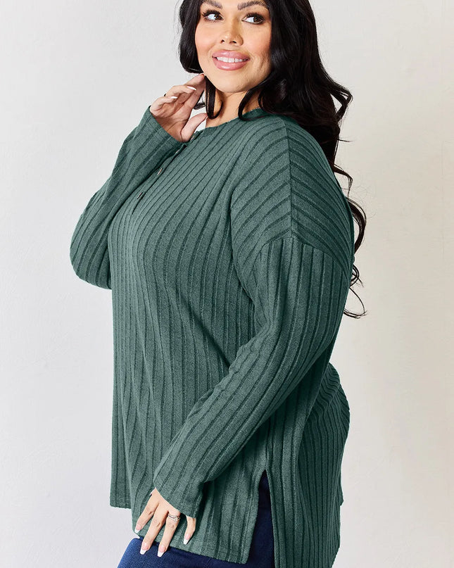 Basic Bae Full Size Ribbed Half Button Long Sleeve High-Low T-Shirt