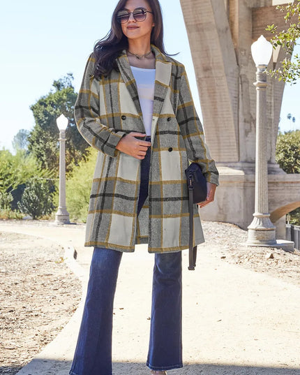 Double Take Full Size Plaid Button Up Lapel Collar Coat London Plaid