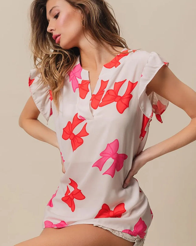 BiBi Bow Printed Woven Ruffled Sleeves V Neck Top