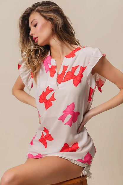 BiBi Bow Printed Woven Ruffled Sleeves V Neck Top
