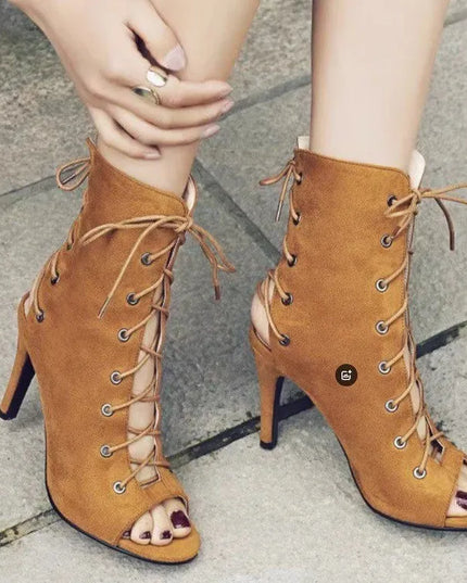 Peep Toe Lace-Up High Heel Boots Brown